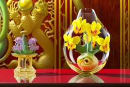 1512857901 hypersigil photograph of a beautiful yellow and red orchid in a clear glass rococo inspired vase on a mirrored deco themed end table in a shadowy corner of a nouveau era room with wood paneling in the style of Robert maplethorpe, tropical birds, lizards, snakes, insects, gorgeous, shamanic, ethereal, photorealistic, embellishments, long shot, wide shot, dof, deep focus, 3d render