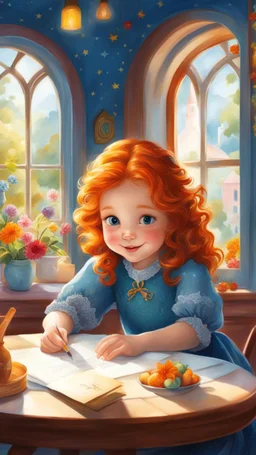 In this charming children's illustration, you will discover a beautiful young girl sitting at a table near a window, joyfully writing a letter. Her bright ginger hair shines like fire, perfectly complementing her lovely blue eyes that sparkle with creativity and imagination. The girl is surrounded by a beautiful and cozy room filled with vibrant colors. Every meticulous detail of this illustration has been brought to life through digital painting, creating a whimsical scene that invites children