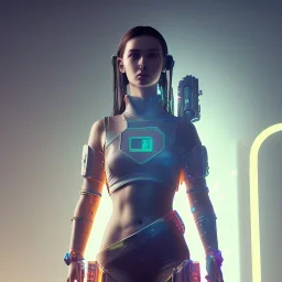 A cyberpunk soldier Armor wearing girl,cyberpunk 2077, ultra realistic,shiny, smooth, studio quality, octane render, Surrealism, Triadic colour scheme,glow-stick, ambient lighting polaroid, 100mm