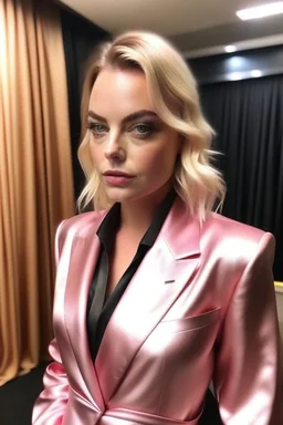 fat margot robbie in pink satin suit