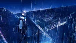 Clear Focus, High resolution, Beautiful girl standing backwards to a Cyberpunk skyline, comic style