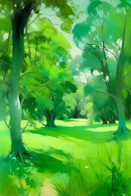 A bluish green savanna with leafy trees painted by John Singer Sargent