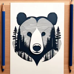 M shaped bear head combined with woods silhouette in background, letterpress style, minimalistic pencil art