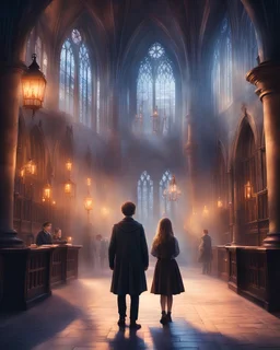 The picture contains two men and a girl at Hogwarts Magical School. The picture contains a wonderful and beautiful magical atmosphere with harmonious and attractive colors.