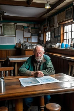 bAn innkeeper in the middle of tables in a surfers' pub