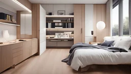 two girls bedroom, wardrobe, two beds side by side, poliform, timber floor, contemporary, study desk