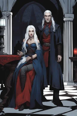 A couple, from the dnd game curse of Strahd. The woman has long white hair and blue eyes, the man has LONG BLACK hair and red eyes, no facial hair.