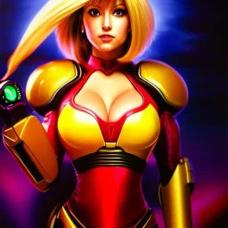 portrait of beautiful busty Samus Aran (Metroid Series) painting by Brom , oil on canvas, cinematic composition, extreme detail,fit full head inside picture,8k