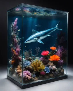 Beast Shark fish swimming in glass box underwater aquarium on a display,glass flowers, high quality product image ,coral reef, flora and fauna, cosmic nebula, dark background christian dior style, with frozen flowers around her, stunning-design, beutifull, side profile artwork, glass paint, multicoloured, displayed, backlight