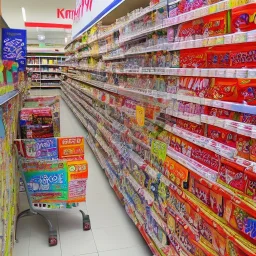 vary colorful kmart empty hyper-detail japan anime pocky a lot of aisle from tap view with white floors