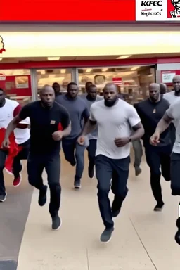 200 black men running into a KFC chicken restaurant doing everything to get chicken pure chaos. birdseye vieew. make it more black men. WAy more they are raiding it. and make them look dangerous. and they are running inside not outside