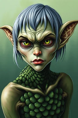 airbrush with pen outline, an intense alluring gremlin smeagol alien mermaid with wet short grey hair tucked behind ears, she has green eyes and light freckles. her entire body is covered in gradiated dark to light green mottled hexagon scales that transistion into skin at neck, ,