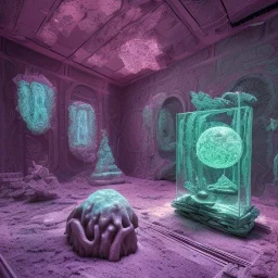 fictional archeology sculptures ,mysterious materiality,bioluminescence, interior design,media division, Static Mythologies, Amsterdam, GALERIE RON MANDOS ,refined details,utopic environment,Broken Glass Sculptures, zen garden backround ,pink Dior , masterpieces of designer Daniel Arsham