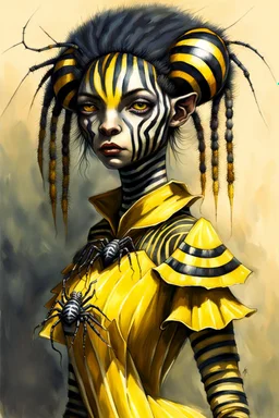 Artist Jean-Baptiste Monge style. A humanoid biomorph Zebra-Spider faced woman. Yellow eyes. A yellow striped ress, covered with spider legs.