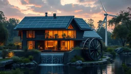 6003. Innovative environmentally-friendly home, solar panels, water wheel in river, alternative energy, wind turbine, scientific experiment, home of the future, amazing architecture, fantasy, robotic, magic, automated, spectacular, futuristic, beautiful lighting, attractive composition, photorealistic, extremely detailed, chiaroscuro