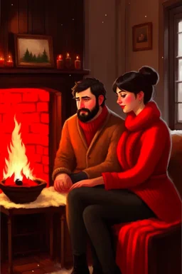 Fire place Christmas scene, dark haired couple, man with short black beard, blue eyes, sketch