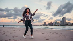 beautiful lady with makeup in pants and pretty shirt curvy long hair sport shoes dancing in sea side over soft sands ,modern city escape at dintant ,pretty clouds, golden hour