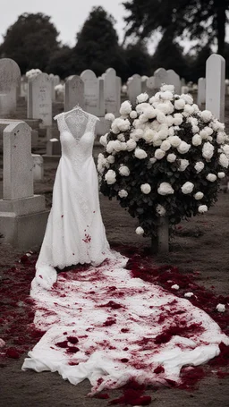 صورة تقريبية تظهر فستان زفاف ملطخ بالدماء,معلق فوق قبر,الأرض مليئة بالورود البيضاء.صورة سينمائية