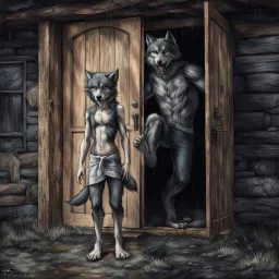 fantasy digital art of a young anthro wolf have gray hairy wolf body gray paws, and wears just a short canvas rag around her waist , she have sadly face in the rain kicked out of the house, falls towards the camera, behind her an tall angry anthro wolf man just in dark gray body hairy kicks she out the door with his foot, behind in rustic halb open door in an massive wooden house, rainy day, detailed, fantasy mood