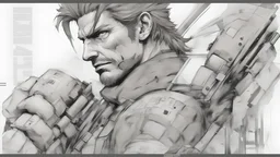 Creat a image of Solid Snake from Metal Gear Solid in Yoji Shinkawa's style