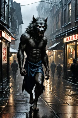 Werewolf walking the streets of Soho in the rain. There is a Chinese restaurant in the background. Photograph.