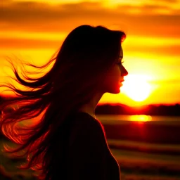 Silhouette of the head of a young lady with long flowing hair in a slight breeze. At sunset in Czech nature.