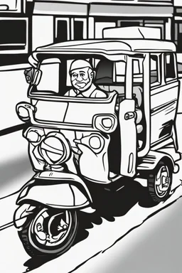 coloring page for kids, auto rickshaw, thick outline, low details, no shading, no color