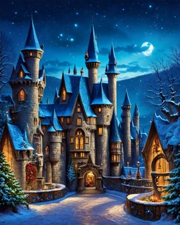 Enchanting Winter Night at Hogwarts Castle Disney. Art by Nicky Boehme