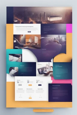 modern marketing agency landing page with navigation, photos and text on paper, colorful, many details, dark ambience, 8k