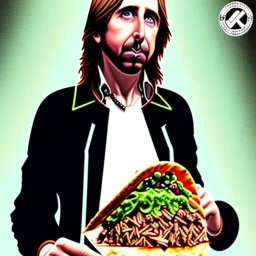 Scottish Tom Petty eating a burrito in heaven, neon