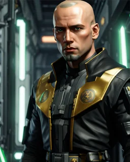 star wars bald male corellian jedi pilot wearing black and gunmetal grey old republic armored robes with gold trim inside the jedi temple holding a lightsaber with viridian green blade in left hand, centered head and shoulders portrait, hyperdetailed, dynamic lighting, hyperdetailed background, 8k resolution, volumetric lighting, light skin, fully symmetric details