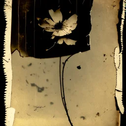 Postcard on an old scratched paper, black flower, blur 15%, double exposure, merged layers, in the first part (near to us) of the picture you can see a plain light tinted engraved glass, logotype, the glass is cracked in several places, in some places the glass is broken, crumpled burlap, through it you can see a signature in the background