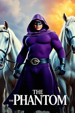 Movie Poster - ((("THE PHANTOM"))), extremely thick, muscular, 6'6'' 18-year-old Billy Zane with extremely exaggerated muscles as the Phantom, long-sleeved, textured, padded purple cotton bodysuit with skintight, formfitting textured purple cotton cowl with ((black eye mask)) and widow peak, black gloves and wrist gauntlets, black boots, double holstered utility belt, skull-shaped belt buckle, glowing, white eyes, standing next to his white horses, captured in a breath-taking explosion of color,