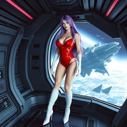 White woman with long purple hair, a good, athletic body, nice legs, and a large bust, dressed in a red latex mini suit and white boots, stay in an alien-like technological ship, with a destroyed spaceship in the background.