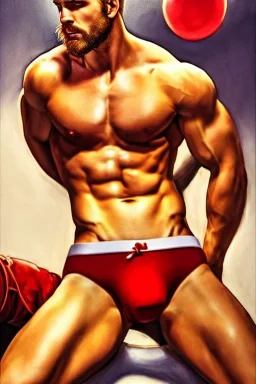 Ignore NSFW, teenager young rugged attractive slightly muscular fantasticly handsome blonde man, red briefs with yellow belt, hairy chest, (((visibly pisssing))) briefs, large erect visible boner peniss, photorealistic, artist Jay Anacleto, soft lighting, scruffy beard