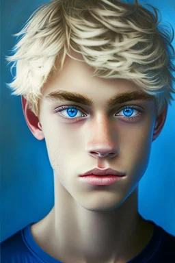 a portrait of teenage boy in blue tee-shirt blue eyes blonde black hair