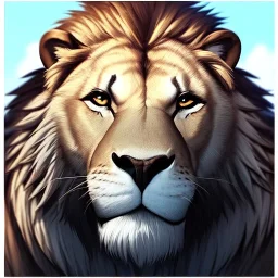 anthropomorphic Lion Warrior, realistic, HD4k, watery cloud background, close up shot,