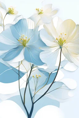 Transport yourself to a peaceful summer day with a modern, abstract line art of a deep light blue background, featuring delicate line-work with white lines of pear tree petals blossoming. The simple lines of the petals are gently swaying, adding a sense of movement and life to the tranquil scene. The petals are scattered throughout the whole background. The vibrant contrast between the soft petals and the bold blue is simply breathtaking. Focus on the details of the lines that form the petal