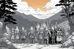 [comics Head Lopper style by Andrew MacLean] At the crest of the hill, under the watchful gaze of the setting sun, a motley crew of courageous souls stands assembled. The short bald dwarf healer, his weathered features etched with ancient knowledge, surveys the group with a keen eye. Beside him, the female Elf radiates an aura of forest magic, her eyes alight with the wisdom of the natural world. Opposite the Elf, the female thief from the dark city moves with a grace born of shadows, her pres