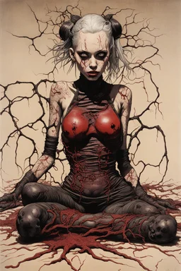 Tank girl, lying pose, his skin turned translucent,revealing a network of black veins that extended like roots beneath her epidermis, latex suit, highly detailed, fullbody, splashes blood, behind guts rising from the ground, papercut illustration by <John Kenn Mortensen>, darkred tones,