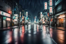 hyperrealistic photograph of an empty street in Tokio at night while it's raining