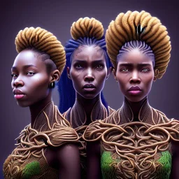 photo.three Brown skin women. Three dark skin women. Three black women. .three women. A mother. Two daughter. Twins. A mother with her children. three young black women. wood nymphs emerging from the forest. Her hair looks like vines. Dreadlocs. Her skin is the colour of dark soil. Her skin looks like tree bark. Her clothing is made of vines, grass and leaves. Elegant. Extremely detailed. Award winning photography. Fantasy. 8k. Cinematic lighting. Photorealistic. Dynamic lighting. Imperial color