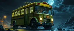 Monster bus blues, driving to the fight, Metal riffs echo through the night. Coins in his pocket, smiles all around, He’s the happiest driver in all the battleground. (Verse 2) Goblins shout, axes clink and gleam, The kids are gone, but he keeps his dream. Horn goes “BRRRAAAM,” the drums collide, make it realistic 4d graphics
