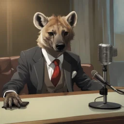 Hyena in a suit and tie, as an announcer sitting at the transmission table with a microphone presenting a newscast. Sandro Botticelli style. Ultra quality