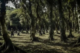 A forest with zombies within it. Tokyo Japan, Samurai.