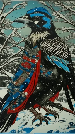 A contemporary serigraphy portrait by Kuniyoshi and Kunisada of a crow adorned in a punk leather jacket within a snowy Christmas atmosphere.