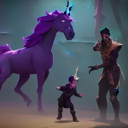 A warlock toddler riding a dark unicorn