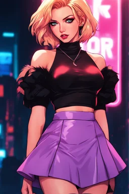 retrowave anime cyberpunk girl, scarlett johanson, furr skirt