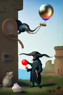 The Plague Doctor and a Mouse happily lost down the river attracted by mutual appreciation of their artistic desires in Balloon world, art by Magritte