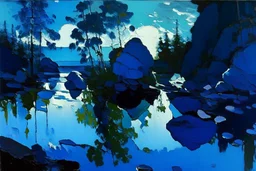 blue exoplanetin the sky, water reflection, rocks, vegetation, otto pippel and konstantin korovin painting